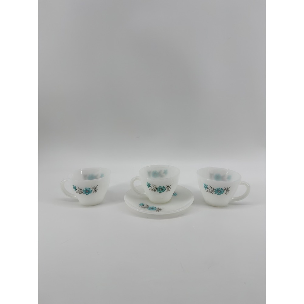Vintage Fire King Milk Glass Blue Cornflower Tea Cups and Saucer Set of 4